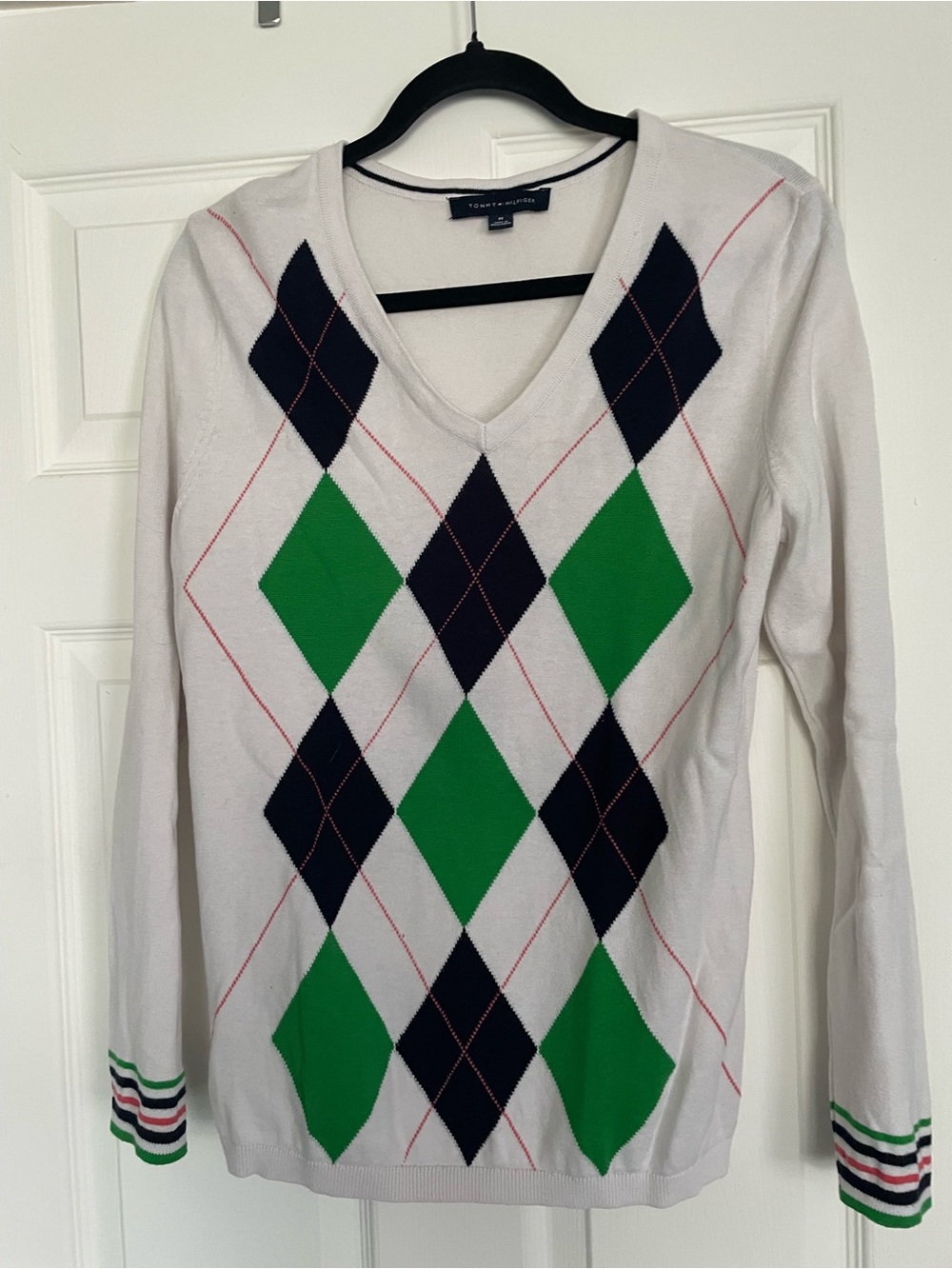 Tommy Hilfiger White and Navy V-neck Sweater